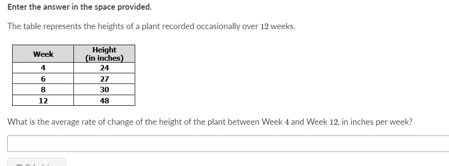 Enter the answer in the space provided.
The table represents the heights of a plant recorded occasionally over 12 weeks.
Height
(in inches)
24
Week
4
6
27
8
30
12
48
What is the average rate of change of the height of the plant between Week 4 and Week 12, in inches per week?
