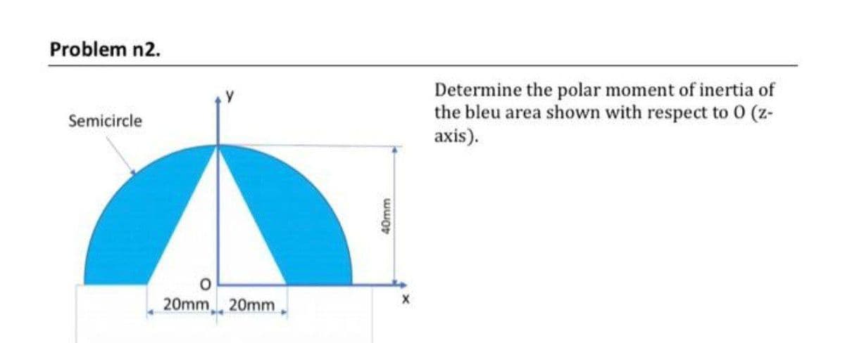 Problem n2.
Semicircle
0
20mm 20mm
24
40mm
Determine the polar moment of inertia of
the bleu area shown with respect to 0 (z-
axis).