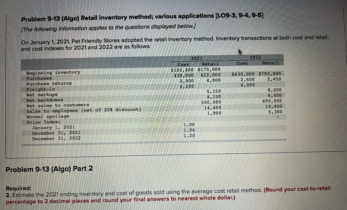 Problem 9-13 (Algo) Retail inventory method; various applications [LO9-3, 9-4, 9-5]
[The following information applies to the questions displayed below.]
On January 1, 2021, Pet Friendly Stores adopted the retall inventory method. Inventory transactions at both cost and retail,
and cost indexes for 2021 and 2022 are as follows:
2021
2022
Cost
Retail
Cost
Retail
Beginning inventory
Purchases
Purchase returns
$105,400 $170,000
430,000
2,900
6,200
622,000
4,000
$630,000 $792,000
2,600
6,000
2,450
Freight-in
Net markups
Net markdowns
Net sales to customers
5,150
4,150
500,000
14,400
1,900
8,600
6,400
Sales to employees (net of 20% discount)
Normal spoilage
690,000
14,400
5,300
Price Index:
January 1, 2021
December 31, 2021
December 31, 2022
1.00
1.04
1.20
Problem 9-13 (Algo) Part 2
Required:
2. Estimate the 2021 ending inventory and cost of goods sold using the average cost retail method. (Round your cost-to-retail
percentage to 2 decimal places and round your final answers to nearest whole dollar.)

