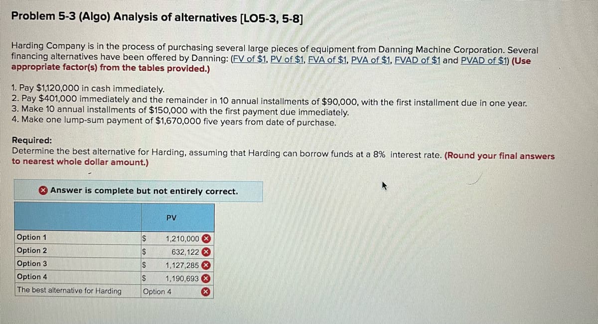 Problem 5-3 (Algo) Analysis of alternatives [LO5-3, 5-8]
Harding Company is in the process of purchasing several large pieces of equipment from Danning Machine Corporation. Several
financing alternatives have been offered by Danning: (FV of $1, PV of $1, FVA of $1, PVA of $1, FVAD of $1 and PVAD of $1) (Use
appropriate factor(s) from the tables provided.)
1. Pay $1,120,000 in cash immediately.
2. Pay $401,000 immediately and the remainder in 10 annual installments of $90,000, with the first installment due in one year.
3. Make 10 annual installments of $150,000 with the first payment due immediately.
4. Make one lump-sum payment of $1,670,000 five years from date of purchase.
Required:
Determine the best alternative for Harding, assuming that Harding can borrow funds at a 8% interest rate. (Round your final answers
to nearest whole dollar amount.)
* Answer is complete but not entirely correct.
PV
Option 1
1,210,000 X
Option 2
632,122 X
Option 3
Option 4
2$
1,127,285 X
1,190,693 X
The best alternative for Harding
Option 4
