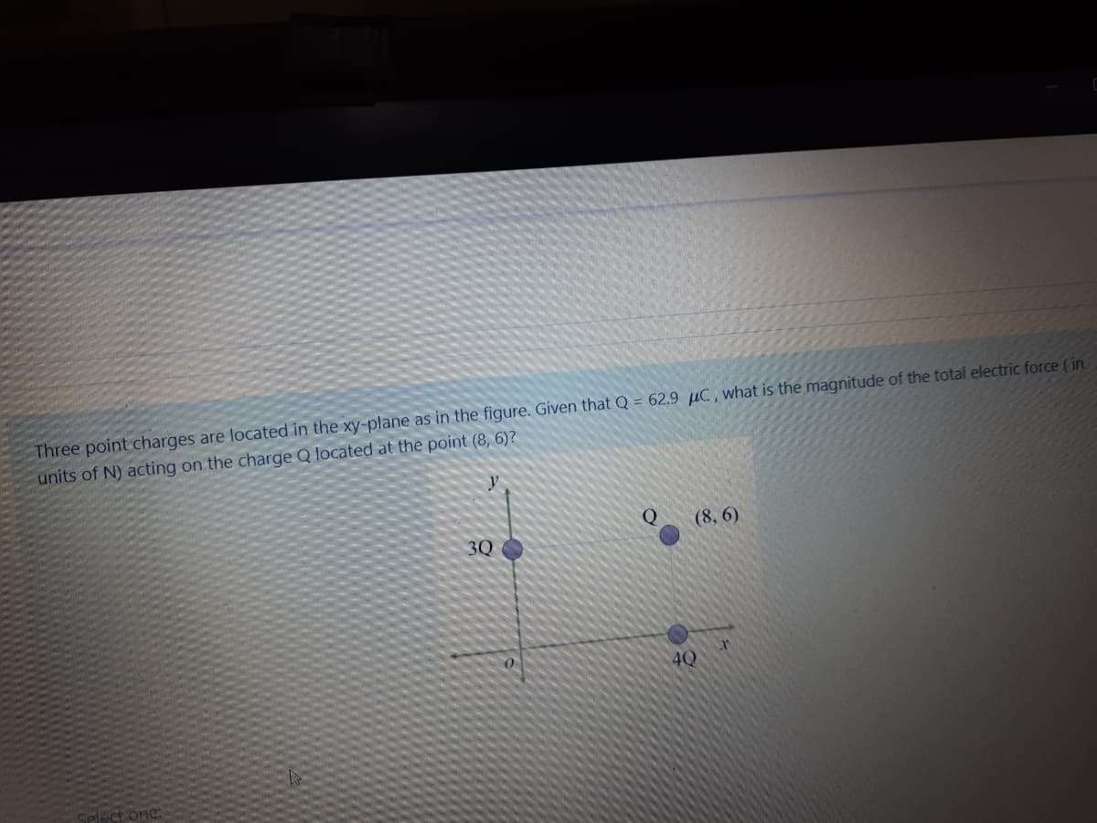 Three point charges are located in the xy-plane as in the figure. Given that Q = 62.9 µC, what is the magnitude of the total electric force ( in
units of N) acting on the charge Q located at the point (8, 6)?
Q
(8, 6)
3Q
4Q
Select one:
