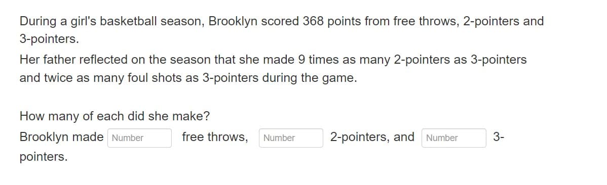 During a girl's basketball season, Brooklyn scored 368 points from free throws, 2-pointers and
3-pointers.
Her father reflected on the season that she made 9 times as many 2-pointers as 3-pointers
and twice as many foul shots as 3-pointers during the game.
How many of each did she make?
Brooklyn made Number
pointers.
free throws, Number
2-pointers, and
Number
3-