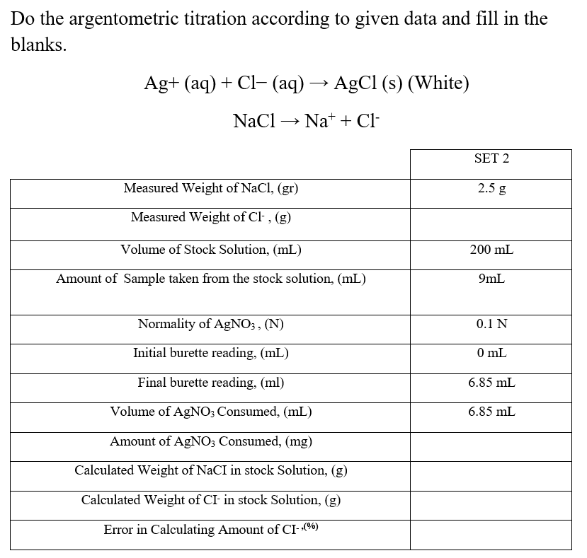 Do the argentometric titration according to given data and fill in the
blanks.
Ag+ (aq) + Cl- (aq) → AgCl (s) (White)
NaCl » Na* + Cl-
SET 2
Measured Weight of NaCl, (gr)
2.5 g
Measured Weight of Cl- , (g)
Volume of Stock Solution, (mL)
200 mL
Amount of Sample taken from the stock solution, (mL)
9mL
Normality of AgNO3, (N)
0.1 N
Initial burette reading, (mL)
O mL
Final burette reading, (ml)
6.85 mL
Volume of AgNO; Consumed, (mL)
6.85 mL
Amount of AGNO3 Consumed, (mg)
Calculated Weight of NaCI in stock Solution, (g)
Calculated Weight of CI- in stock Solution, (g)
Error in Calculating Amount of CI-(%)
