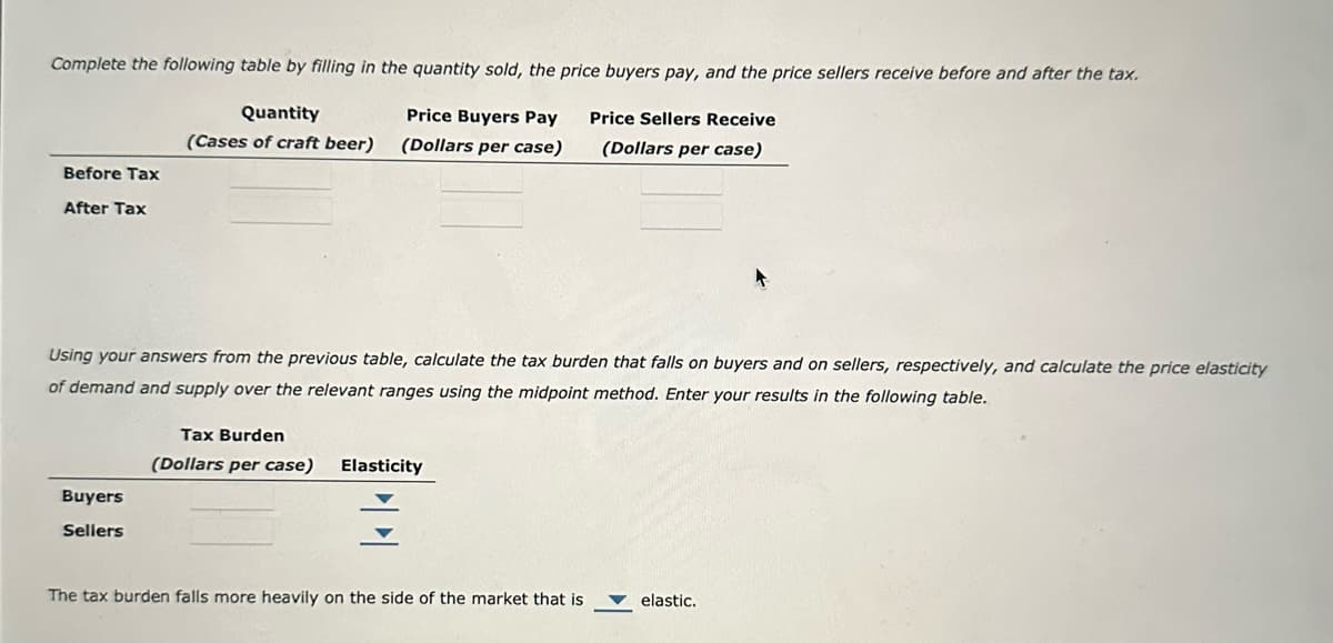 Complete the following table by filling in the quantity sold, the price buyers pay, and the price sellers receive before and after the tax.
Quantity
Price Buyers Pay Price Sellers Receive
(Dollars per case) (Dollars per case)
(Cases of craft beer)
Before Tax
After Tax
Using your answers from the previous table, calculate the tax burden that falls on buyers and on sellers, respectively, and calculate the price elasticity
of demand and supply over the relevant ranges using the midpoint method. Enter your results in the following table.
Buyers
Sellers
Tax Burden
(Dollars per case) Elasticity
The tax burden falls more heavily on the side of the market that is
elastic.