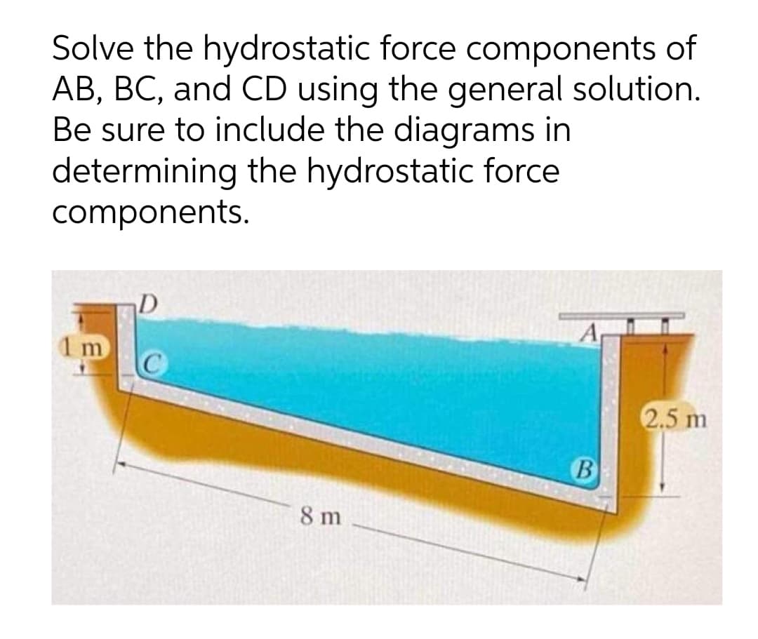 Solve the hydrostatic force components of
AB, BC, and CD using the general solution.
Be sure to include the diagrams in
determining the hydrostatic force
components.
D
1 m
2.5 m
8 m

