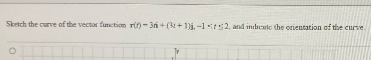 Sketch the curve of the vector function r(f)= 3ti+ (3t + 1)j.,-1<ts2, and indicate the orientation of the curve.
