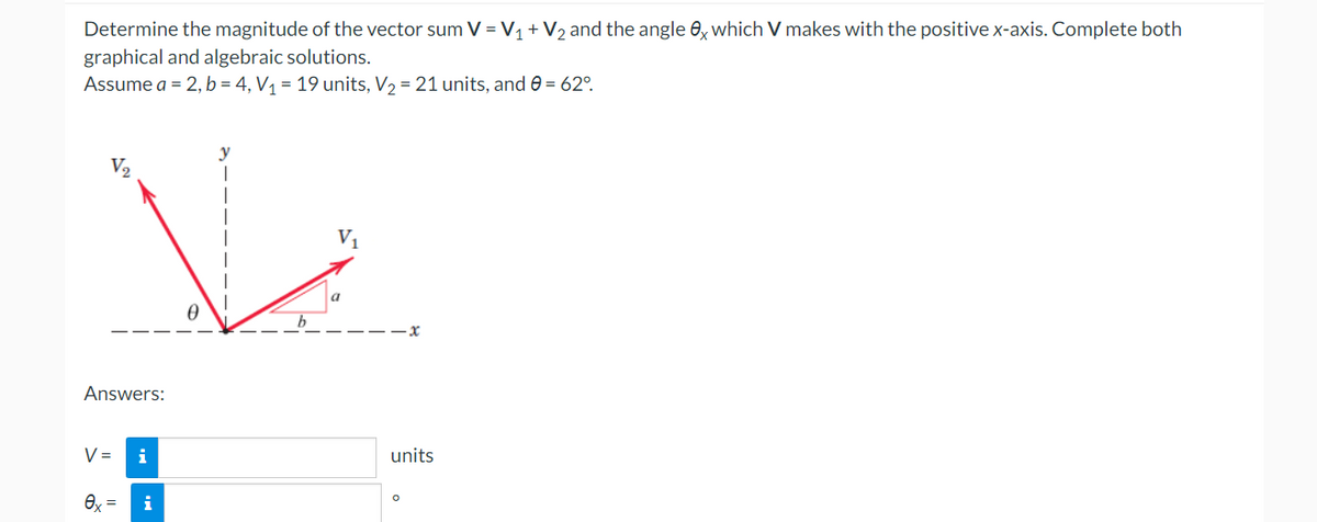 Determine the magnitude of the vector sum V = V₁ + V₂ and the angle 0x which V makes with the positive x-axis. Complete both
graphical and algebraic solutions.
Assume a = 2, b = 4, V₁ = 19 units, V₂ = 21 units, and 0 = 62°.
V₁
Answers:
V =
i
ex=
i
units
O