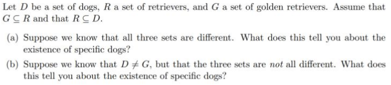 Let D be a set of dogs, Ra set of retrievers, and G a set of golden retrievers. Assume that
GCR and that RCD.
(a) Suppose we know that all three sets are different. What does this tell you about the
existence of specific dogs?
(b) Suppose we know that D # G, but that the three sets are not all different. What does
this tell you about the existence of specific dogs?
