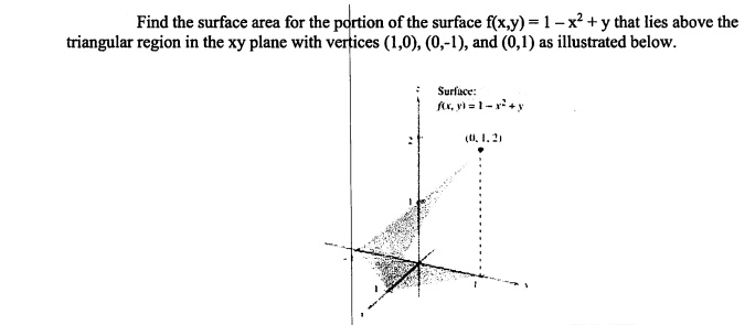 Find the surface area for the portion of the surface f(x,y) = 1-x² + y that lies above the
triangular region in the xy plane with vertices (1,0), (0,-1), and (0,1) as illustrated below.
Surface:
f(x, y)=1-x² + y
(0.1.2)