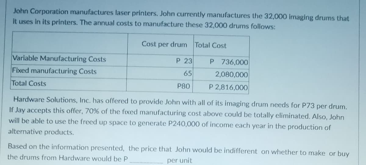 John Corporation manufactures laser printers. John currently manufactures the 32,000 imaging drums that
it uses in its printers. The annual costs to manufacture these 32,000 drums follows:
Cost per drum Total Cost
P 23
P 736,000
Variable Manufacturing Costs
Fixed manufacturing Costs
65
2,080,000
Total Costs
P80
P 2,816,000
Hardware Solutions, Inc. has offered to provide John with all of its imaging drum needs for P73 per drum.
If Jay accepts this offer, 70% of the fixed manufacturing cost above could be totally eliminated. Also, John
will be able to use the freed up space to generate P240,000 of income each year in the production of
alternative products.
Based on the information presented, the price that John would be indifferent on whether to make or buy
the drums from Hardware would be P
per unit