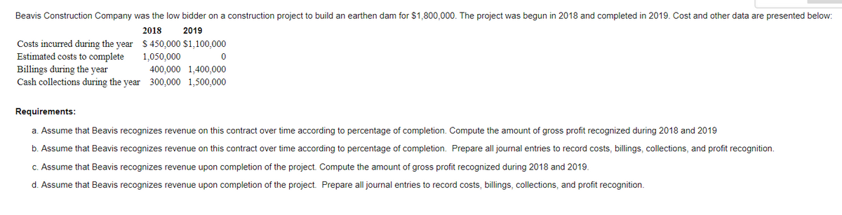 Beavis Construction Company was the low bidder on a construction project to build an earthen dam for $1,800,000. The project was begun in 2018 and completed in 2019. Cost and other data are presented below:
2018
2019
$ 450,000 $1,100,000
1,050,000
Costs incurred during the year
Estimated costs to complete
Billings during the year
Cash collections during the year
0
400,000 1,400,000
300,000 1,500,000
Requirements:
a. Assume that Beavis recognizes revenue on this contract over time according to percentage of completion. Compute the amount of gross profit recognized during 2018 and 2019
b. Assume that Beavis recognizes revenue on this contract over time according to percentage of completion. Prepare all journal entries to record costs, billings, collections, and profit recognition.
c. Assume that Beavis recognizes revenue upon completion of the project. Compute the amount of gross profit recognized during 2018 and 2019.
d. Assume that Beavis recognizes revenue upon completion of the project. Prepare all journal entries to record costs, billings, collections, and profit recognition.