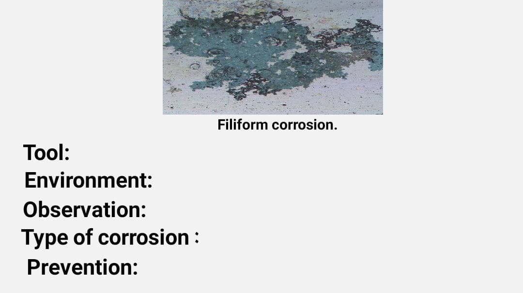 Filiform corrosion.
Tool:
Environment:
Observation:
Type of corrosion:
Prevention:
