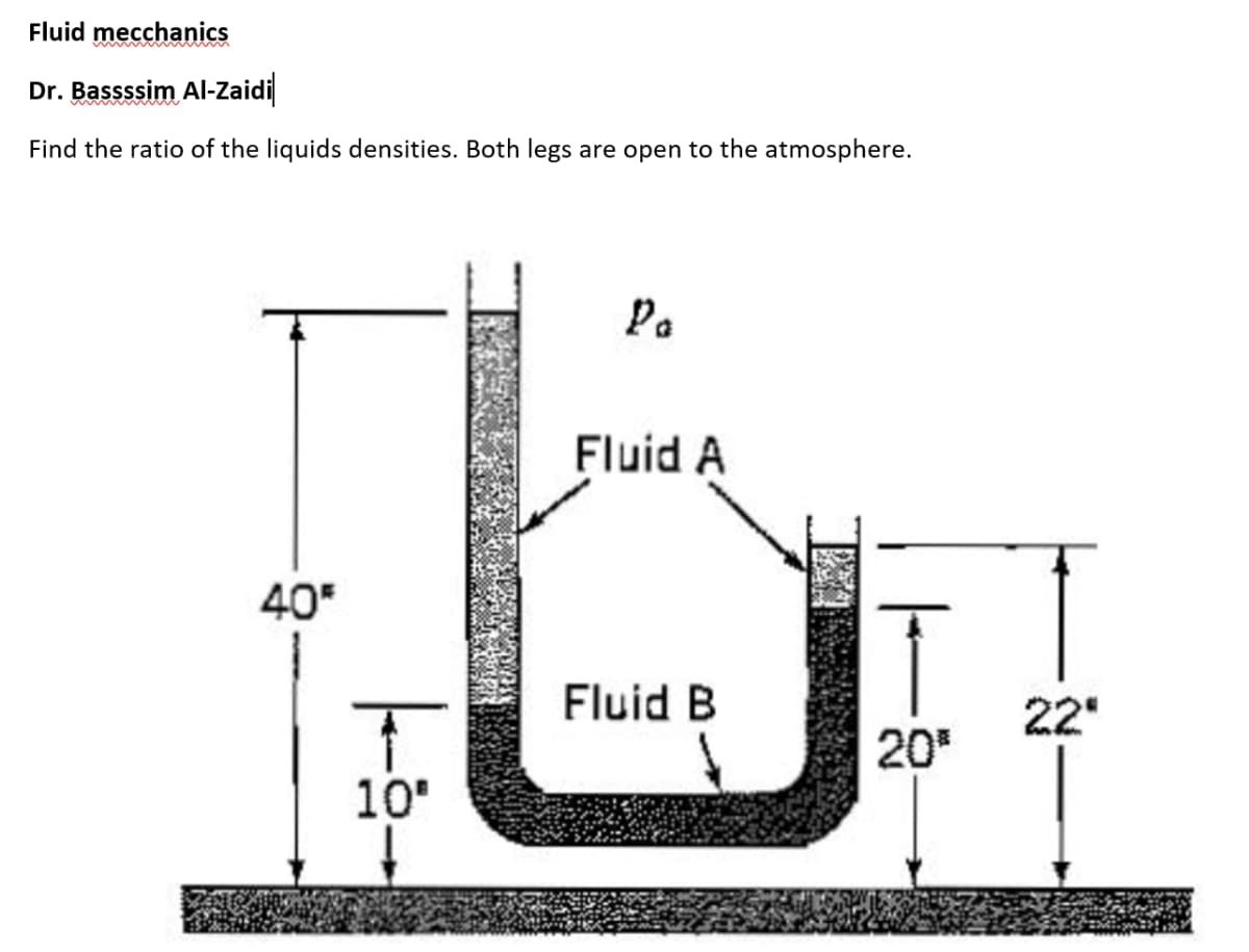 Fluid mecchanics
Dr. Bassssim Al-Zaidi
Find the ratio of the liquids densities. Both legs are open to the atmosphere.
Pa
Fluid A
40
Fluid B
22
20
10
