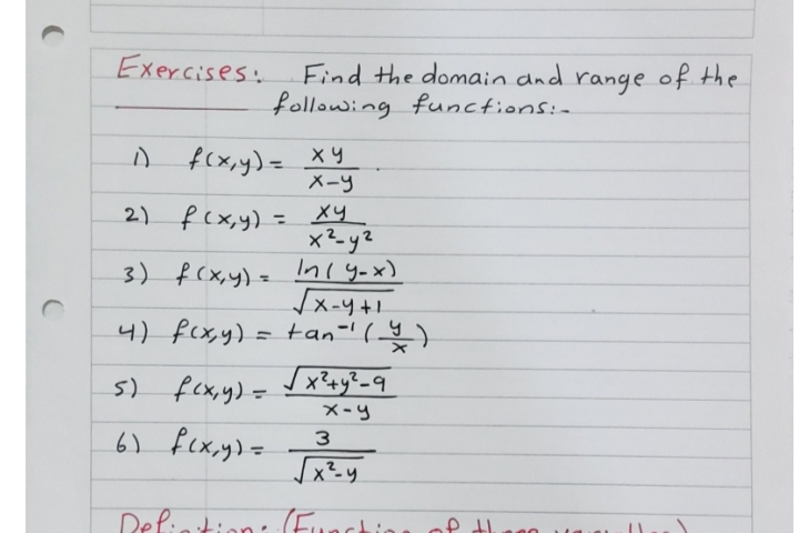 Exercises:
Find the domain dnd range of the
following functions:-
A f(x,y)= x 9
メーツ
2) fcx,y) - メy
%3D
3) f(x,y) = niy-x)
