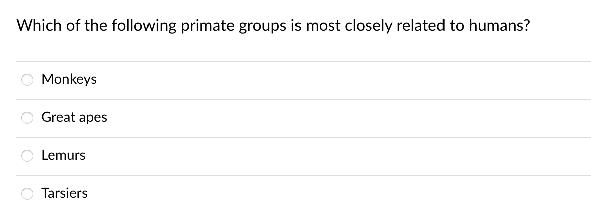 Which of the following primate groups is most closely related to humans?
Monkeys
Great apes
Lemurs
Tarsiers