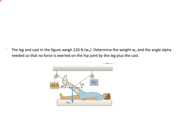 The leg and cast in the figure weigh 220N (w,). Determine the weight w, and the angle alpha
needed so that no force is exerted on the hip joint by the leg plus the cast.
110 N
