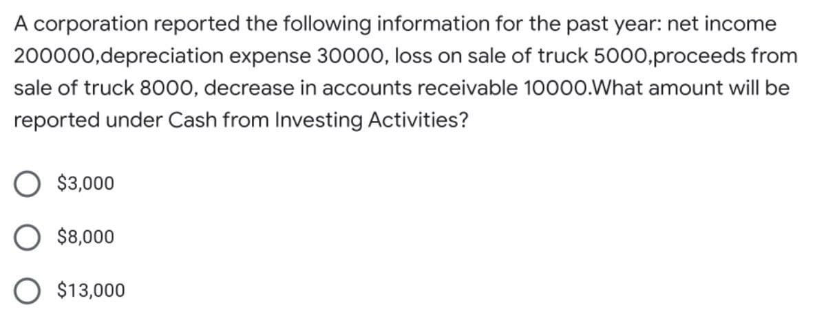 A corporation reported the following information for the past year: net income
200000,depreciation expense 30000, loss on sale of truck 5000,proceeds from
sale of truck 8000, decrease in accounts receivable 10000.What amount will be
reported under Cash from Investing Activities?
O $3,000
$8,000
$13,000
