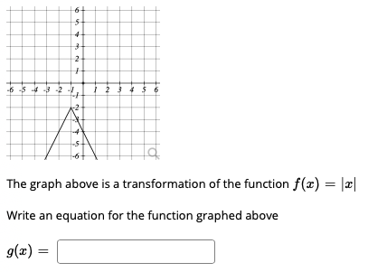 -6 -5 4 3 -2 -
1 2 3 4$ 6
The graph above is a transformation of the function f(x) = |æ|
Write an equation for the function graphed above
g(x) =
