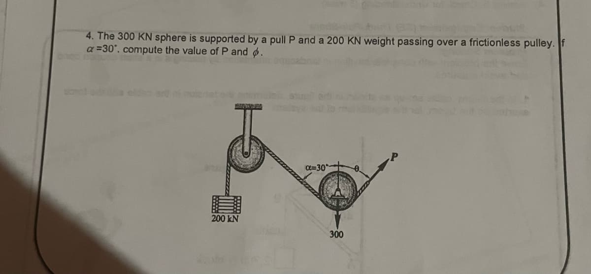 4. The 300 KN sphere is supported by a pull P and a 200 KN weight passing over a frictionless pulley.f
a=30°. compute the value of P and p.
200 kN
a=30°
300
Openlu
0