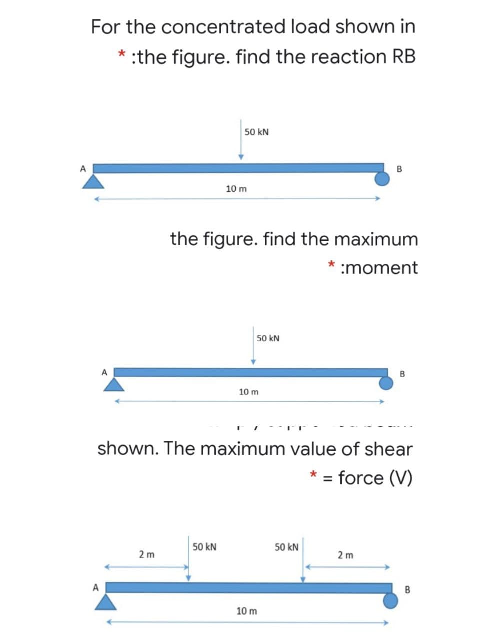 For the concentrated load shown in
* :the figure. find the reaction RB
50 kN
A
B
10 m
the figure. find the maximum
:moment
50 kN
A
10 m
shown. The maximum value of shear
= force (V)
50 kN
50 kN
2 m
2 m
A
В
10 m
