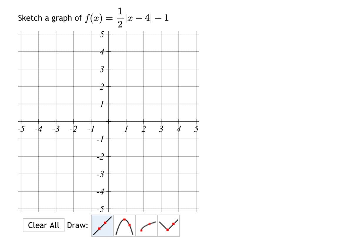 Sketch a graph of f(x)
5+
-5 -4 -3 -2
- 1
Clear All Draw:
3
2
1
-1
-2
-3
-4
=
1
|x − 4| − 1