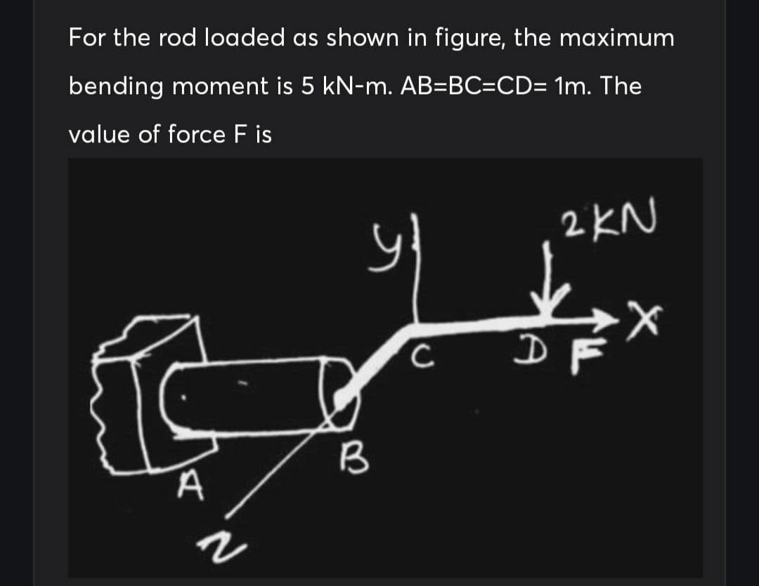 For the rod loaded as shown in figure, the maximum
bending moment is 5 kN-m. AB=BC=CD= 1m. The
value of force F is
2KN
B
A

