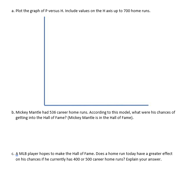 a. Plot the graph of P versus H. Include values on the H axis up to 700 home runs.
b. Mickey Mantle had 536 career home runs. According to this model, what were his chances of
getting into the Hall of Fame? (Mickey Mantle is in the Hall of Fame).
c. A MLB player hopes to make the Hall of Fame. Does a home run today have a greater effect
on his chances if he currently has 400 or 500 career home runs? Explain your answer.
