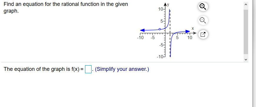 Find an equation for the rational function in the given
graph.
10-
-10
-5
5
10
-10-
The equation of the graph is f(x) =| |. (Simplify your answer.)
