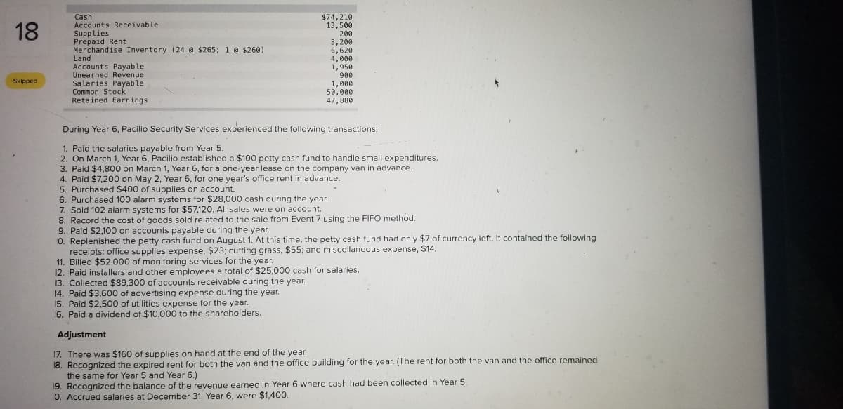 $74,210
13,500
Cash
Accounts Receivable
Supplies
Prepaid Rent
Merchandise Inventory (24 @ $265; 1 @ $260)
18
200
3,200
6,620
4,000
1,950
900
Land
Accounts Payable
Unearned Revenue
Salaries Payable
Common Stock
Retained Earnings
Skipped
1,000
50,000
47,880
During Year 6, Pacilio Security Services experienced the following transactions:
1. Paid the salaries payable from Year 5.
2. On March 1, Year 6, Pacilio established a $100 petty cash fund to handle small expenditures.
3. Paid $4,800 on March 1, Year 6, for a one-year lease on the company van in advance.
4. Paid $7,200 on May 2, Year 6, for one year's office rent in advance.
5. Purchased $400 of supplies on account.
6. Purchased 100 alarm systems for $28,000 cash during the year.
7. Sold 102 alarm systems for $57,120. All sales were on account.
8. Record the cost of goods sold related to the sale from Event 7 using the FIFO method.
9. Paid $2,100 on accounts payable during the year.
0. Replenished the petty cash fund on August 1. At this time, the petty cash fund had only $7 of currency left. It contained the following
receipts: office supplies expense, $23; cutting grass, $55; and miscellaneous expense, $14.
11. Billed $52,000 of monitoring services for the year.
12. Paid installers and other employees a total of $25,000 cash for salaries.
13. Collected $89,300 of accounts receivable during the year.
14. Paid $3,600 of advertising expense during the year.
15. Paid $2,500 of utilities expense for the year.
16. Paid a dividend of $10,000 to the shareholders.
Adjustment
17. There was $160 of supplies on hand at the end of the year.
18. Recognized the expired rent for both the van and the office building for the year. (The rent for both the van and the office remained
the same for Year 5 and Year 6.)
19. Recognized the balance of the revenue earned in Year 6 where cash had been collected in Year 5.
0. Accrued salaries at December 31, Year 6, were $1,400.
