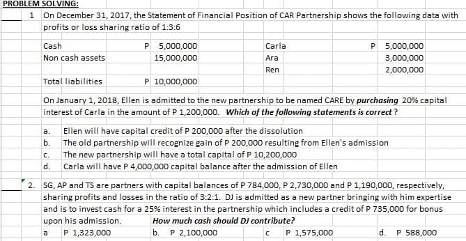 PROBLEM SOLVING:
1
On December 31, 2017, the Statement of Financial Position of CAR Partnership shows the following data with
profits or loss sharing ratio of 1:3:6
Cash
P 5,000,000
Carla
P 5,000,000
Non cash assets
15,000,000
Ara
3,000,000
Ren
2,000,000
Total liabilities
P 10,000,000
On January 1, 2018, Ellen is admitted to the new partnership to be named CARE by purchasing 20% capital
interest of Carla in the amount of P 1,200,000. Which of the following statements is correct?
a.
Ellen will have capital credit of P 200,000 after the dissolution
b.
The old partnership will recognize gain of P 200,000 resulting from Ellen's admission
C.
The new partnership will have a total capital of P 10,200,000
d.
Carla will have P 4,000,000 capital balance after the admission of Ellen
2. SG, AP and TS are partners with capital balances of P 784,000, P 2,730,000 and P 1,190,000, respectively,
sharing profits and losses in the ratio of 3:2:1. DJ is admitted as a new partner bringing with him expertise
and is to invest cash for a 25% interest in the partnership which includes a credit of P 735,000 for bonus
upon his admission.
How much cash should DJ contribute?
P 1,323,000
b. Р 2,100,000
P 1,575,000
d.
P 588,000
a
