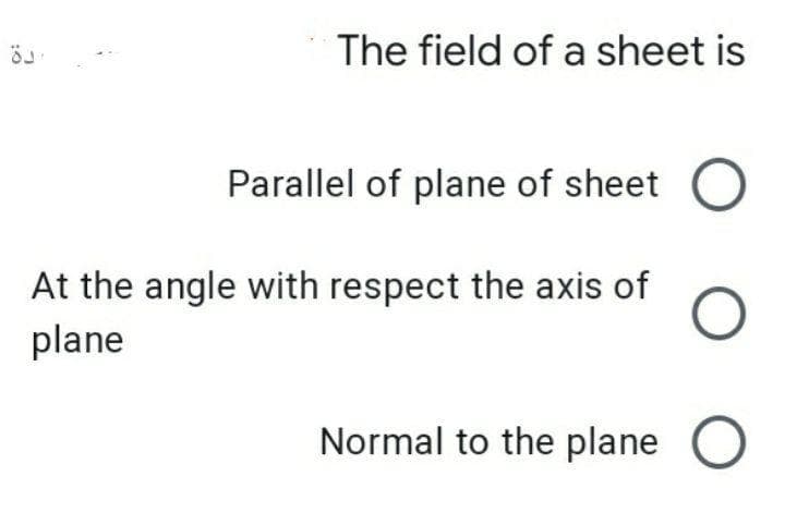 The field of a sheet is
Parallel of plane of sheet
At the angle with respect the axis of
plane
Normal to the plane
