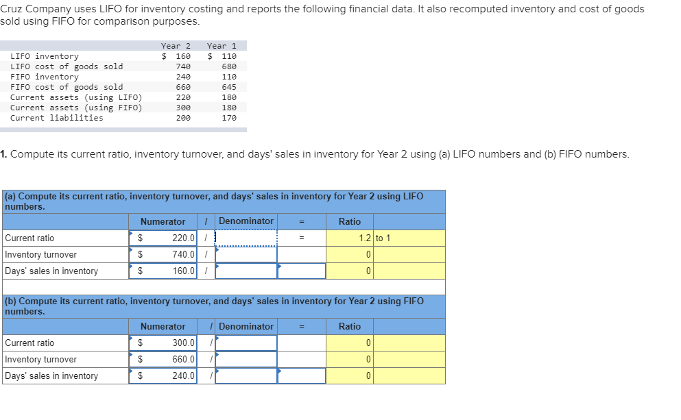 Cruz Company uses LIFO for inventory costing and reports the following financial data. It also recomputed inventory and cost of goods
sold using FIFO for comparison purposes.
Year 1
Year 2
$ 160
LIFO inventory
LIFO Cost of goods sold
FIFO inventory
FIFO COst of goods sold
Current assets (using LIFO)
Current assets (using FIFO)
$ 110
740
680
240
110
660
645
220
180
300
180
Current liabilities
200
170
1. Compute its current ratio, inventory turnover, and days' sales in inventory for Year 2 using (a) LIFO numbers and (b) FIFO numbers.
(a) Compute its current ratio, inventory turnover, and days' sales in inventory for Year 2 using LIFO
numbers.
IDenominator
Numerator
Ratio
Current ratio
1.2 to 1
220.0
Inventory turnover
$
740.0
0
Days' sales in inventory
160.0
0
(b) Compute its current ratio, inventory turnover, and days' sales in inventory for Year 2 using FIFO
numbers.
Numerator
Denominator
Ratio
Current ratio
$
300.0
0
Inventory turnover
660.0
$
0
Days' sales in inventory
240.0
$
0
