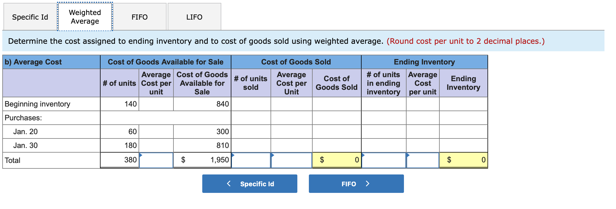 Weighted
Average
Specific Id
FIFO
LIFO
Determine the cost assigned to ending inventory and to cost of goods sold using weighted average. (Round cost per unit to 2 decimal places.)
b) Average Cost
Cost of Goods Available for Sale
Cost of Goods Sold
Ending Inventory
Average Cost of Goods |# of units
# of units Average
in ending
inventory per unit
Average
Cost per
Unit
Ending
Inventory
Cost of
# of units Cost per
unit
Available for
Cost
sold
Goods Sold
Sale
Beginning inventory
140
840
Purchases:
Jan. 20
60
300
Jan. 30
180
810
$
$
$
Total
380
1,950
Specific Id
FIFO
EA
