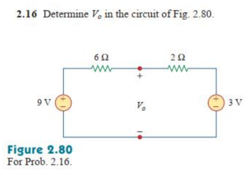 2.16 Determine V, in the circuit of Fig. 2.80.
9V (
Figure 2.80
For Prob. 2.16.
692
www
Vo
292
ww
+1
3 V