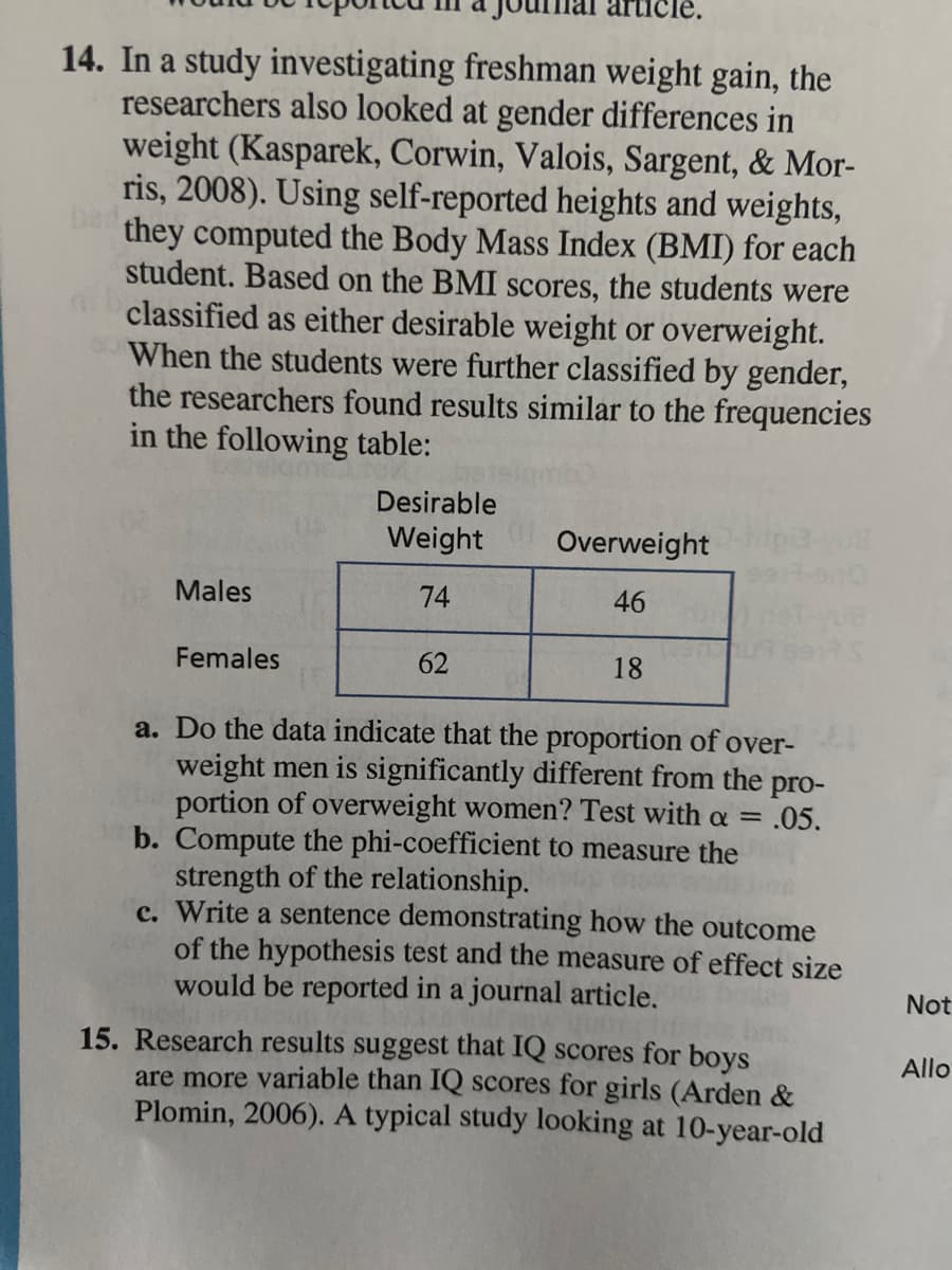 cle.
14. In a study investigating freshman weight gain, the
researchers also looked at gender differences in
weight (Kasparek, Corwin, Valois, Sargent, & Mor-
ris, 2008). Using self-reported heights and weights,
Ded
they computed the Body Mass Index (BMI) for each
student. Based on the BMI scores, the students were
classified as either desirable weight or overweight.
When the students were further classified by gender,
the researchers found results similar to the frequencies
in the following table:
Desirable
Weight
Overweight
Males
74
46
Females
62
18
a. Do the data indicate that the proportion of over-
weight men is significantly different from the pro-
portion of overweight women? Test with a =
b. Compute the phi-coefficient to measure the
strength of the relationship.
c. Write a sentence demonstrating how the outcome
of the hypothesis test and the measure of effect size
would be reported in a journal article.
= .05.
Not
15. Research results suggest that IQ scores for boys
are more variable than IQ scores for girls (Arden &
Plomin, 2006). A typical study looking at 10-year-old
Allo
