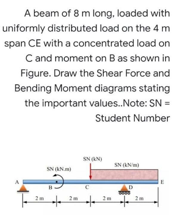 A beam of 8 m long, loaded with
uniformly distributed load on the 4 m
span CE with a concentrated load on
C and moment on B as shown in
Figure. Draw the Shear Force and
Bending Moment diagrams stating
the important values..Note: SN =
%3D
Student Number
SN (kN)
SN (kN/m)
SN (kN.m)
A
E
B
C
D
2 m
2 m
2 m
2 m
