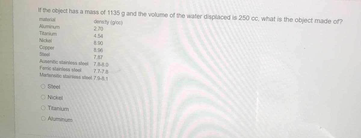 If the object has a mass of 1135 g and the volume of the water displaced is 250 cc, what is the object made of?
material
density (g/cc)
Aluminum
2.70
Titanium
4.54
Nickel
8.90
Copper
8.96
Steel
7.87
Ausenitic stainless steel 7.8-8.0
Ferric stainless steel
7.7-7.8
Martensitic stainless steel 7.9-8.1
O Steel
O Nickel
O Titanium
O Aluminum

