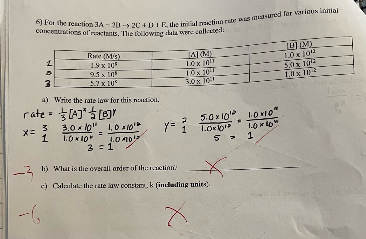 6) For the reaction 3A + 2B2C + D + E, the initial reaction rate was measured for various initial
concentrations of reactants. The following data were collected:
Rate (M/s)
1.9 x 108
[A] (M)
[B] (M)
1.0 x 10¹2
1.0 x 10¹1
9.5 x 108
5.0 x 10¹2
1.0 x 1011
3
5.7 x 108
1.0 x 10¹2
3.0 x 10¹1
a) Write the rate law for this reaction.
rate=[A]*[B]Y
3
3.0 x 10" 1.0 x10¹2
y = ²/
5.0×10
1.0x1010
X =
=
1
1.0x10"
1.0 ×1010
5
3=1
b) What is the overall order of the reaction?
c) Calculate the rate law constant, k (including units).
x
=
=
1.0x10"
1.0 x 10"
1
lom
C²