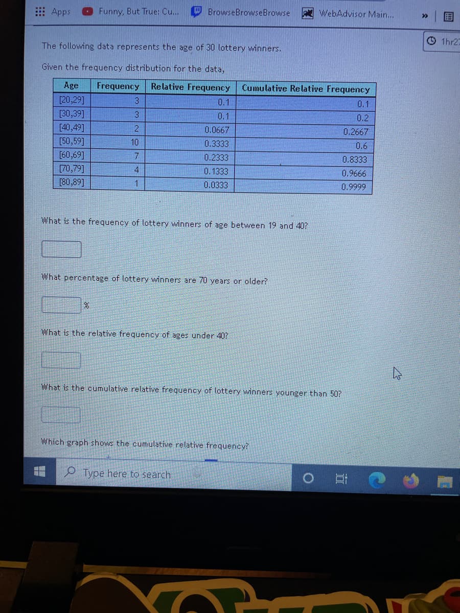 E Apps
Funny, But True: Cu..
O BrowseBrowseBrowse
A WebAdvisor Main...
>>
O 1hr27
The following data represents the age of 30 lottery winners.
Given the frequency distribution for the data,
Age
Frequency
Relative Frequency
Cumulative Relative Frequency
[20,29]
3
0.1
0.1
[30,39]
0.1
0.2
[40,49]
2
0.0667
0.2667
[50,59]
10
0.3333
0.6
[60,69]
7
0.2333
0.8333
791,וק
4
0.1333
0.9666
[80,89]
0.0333
0.9999
What is the frequency of lottery winners of age between 19 and 40?
What percentage of lottery winners are 70 years or older?
What is the relative frequency of ages under 40?
What is the cumulative relative frequency of lottery winners younger than 50?
Which graph shows the cumulative relative frequency?
O Type here to search
