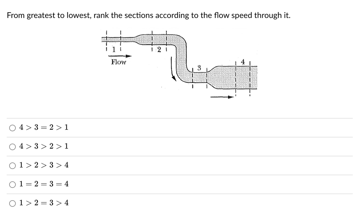 From greatest to lowest, rank the sections according to the flow speed through it.
1
XL Beser
1:21
4>3=2>1
4>3>2>1
01>2> 3>4
1 2 3 4
0 1 2 3 > 4
O
Flow