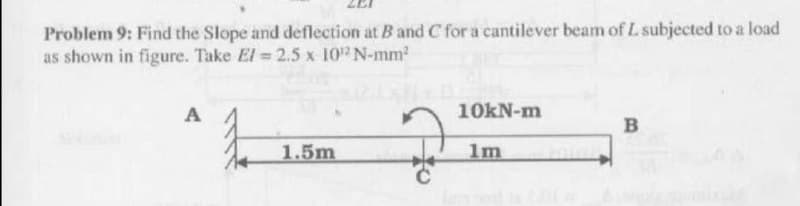 Problem 9: Find the Slope and deflection at B and C for a cantilever beam of L subjected to a load
as shown in figure. Take El = 2.5 x 10 N-mm
A
10KN-m
B
1.5m
1m
