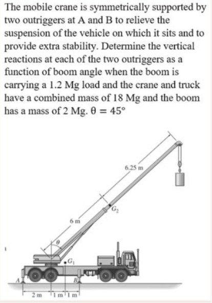The mobile crane is symmetrically supported by
two outriggers at A and B to relieve the
suspension of the vehicle on which it sits and to
provide extra stability. Determine the vertical
reactions at each of the two outriggers as a
function of boom angle when the boom is
carrying a 1.2 Mg load and the crane and truck
have a combined mass of 18 Mg and the boom
has a mass of 2 Mg. 0 = 45°
6m
2m 1m Im
6.25 m