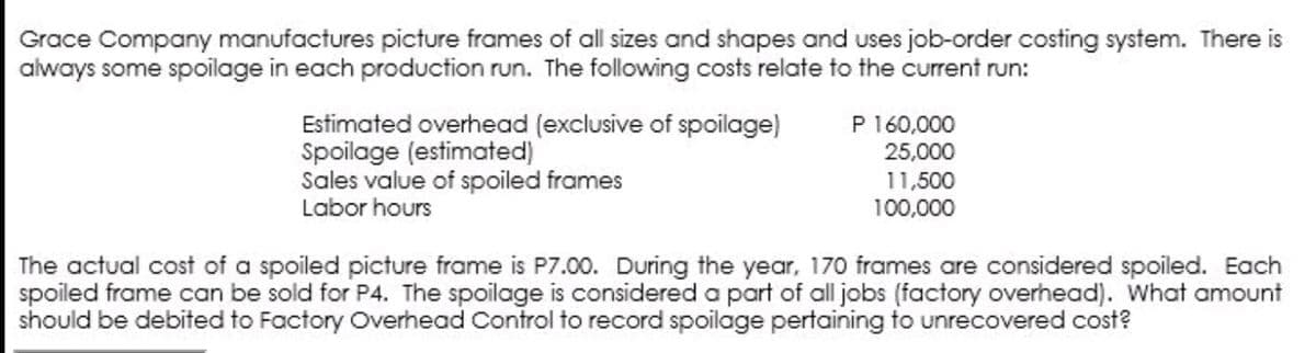 Grace Company manufactures picture frames of all sizes and shapes and uses job-order costing system. There is
always some spoilage in each production run. The following costs relate to the current run:
Estimated overhead (exclusive of spoilage)
Spoilage (estimated)
Sales value of spoiled frames
Labor hours
P 160,000
25,000
11,500
100,000
The actual cost of a spoiled picture frame is P7.00. During the year, 170 frames are considered spoiled. Each
spoiled frame can be sold for P4. The spoilage is considered a part of all jobs (factory overhead). What amount
should be debited to Factory Overhead Control to record spoilage pertaining to unrecovered cost?
