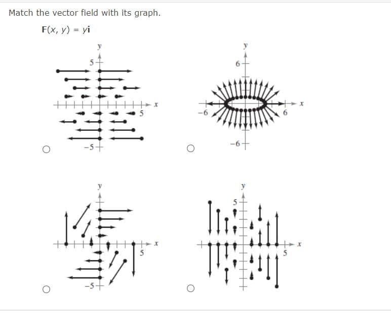 Match the vector field with its graph.
F(x, y) = yi
5
-5+
5
5
5
-5+
