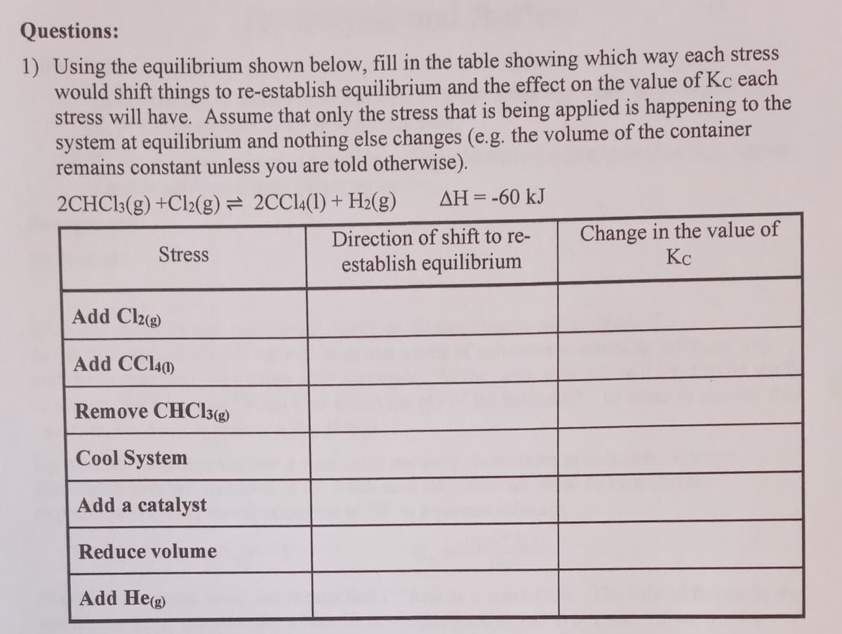 Questions:
1) Using the equilibrium shown below, fill in the table showing which way each stress
would shift things to re-establish equilibrium and the effect on the value of Kc each
stress will have. Assume that only the stress that is being applied is happening to the
system at equilibrium and nothing else changes (e.g. the volume of the container
remains constant unless you are told otherwise).
2CHC13(g) +Cl2(g) = 2CC14(1) + H2(g)
ΔΗ--60 kJ
Change in the value of
Kc
Direction of shift to re-
Stress
establish equilibrium
Add Cl2(g)
Add CCl40)
Remove CHC3(g)
Cool System
Add a catalyst
Reduce volume
Add Heg)
