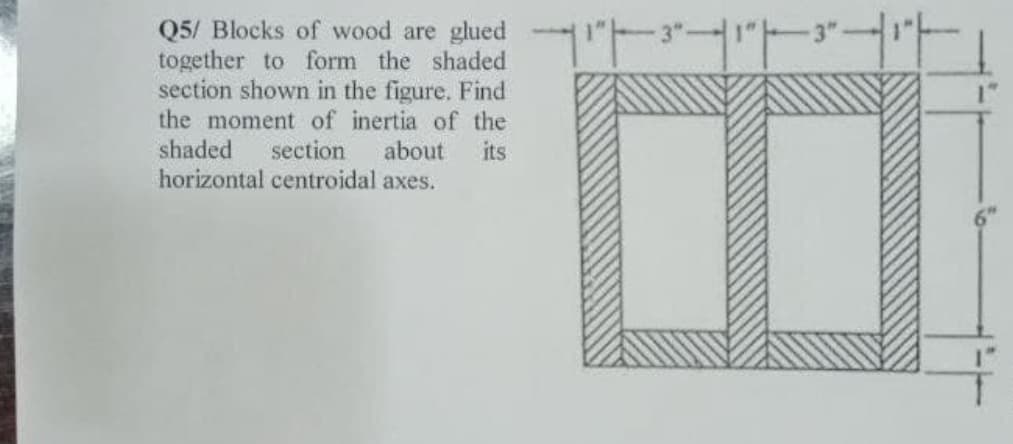 デート
Q5/ Blocks of wood are glued
together to form the shaded
section shown in the figure. Find
the moment of inertia of the
shaded
horizontal centroidal axes.
section
about
its
