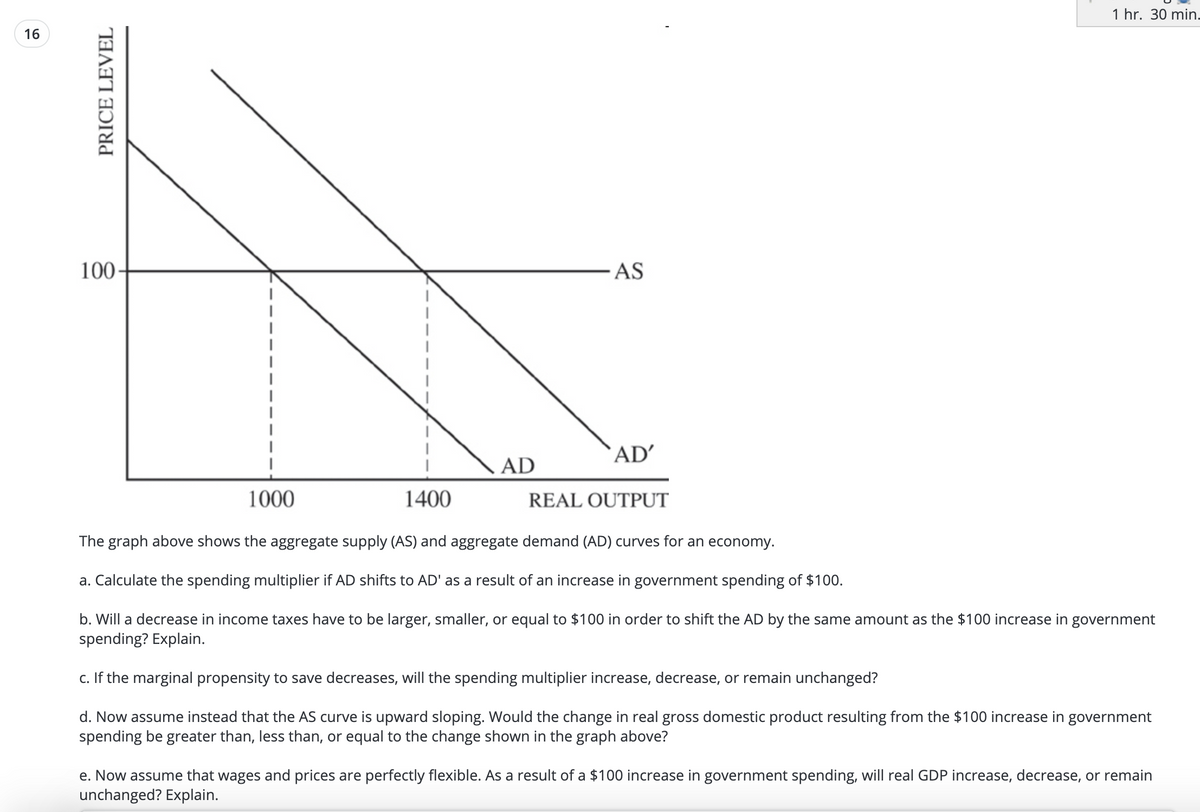 1 hr. 30 min.
16
100-
AS
`AD'
AD
1000
1400
REAL OUTPUT
The graph above shows the aggregate supply (AS) and aggregate demand (AD) curves for an economy.
a. Calculate the spending multiplier if AD shifts to AD' as a result of an increase in government spending of $100.
b. Will a decrease in income taxes have to be larger, smaller, or equal to $100 in order to shift the AD by the same amount as the $100 increase in government
spending? Explain.
c. If the marginal propensity to save decreases, will the spending multiplier increase, decrease, or remain unchanged?
d. Now assume instead that the AS curve is upward sloping. Would the change in real gross domestic product resulting from the $100 increase in government
spending be greater than, less than, or equal to the change shown in the graph above?
e. Now assume that wages and prices are perfectly flexible. As a result of a $100 increase in government spending, will real GDP increase, decrease, or remain
unchanged? Explain.
PRICE LEVEL
