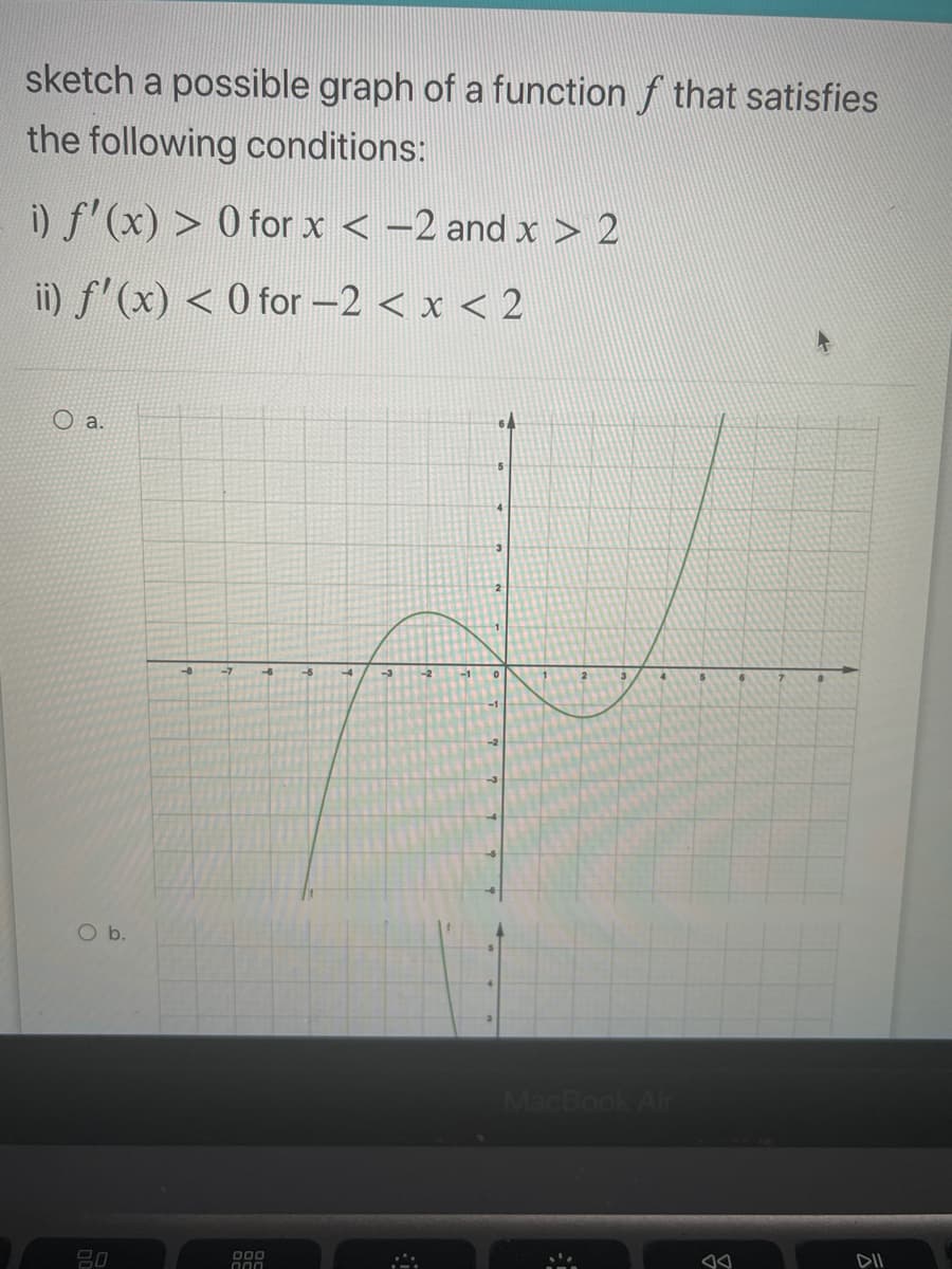 sketch a possible graph of a function f that satisfies
the following conditions:
i) f'(x) > 0 for x < -2 and x > 2
ii) f'(x) < 0 for -2 < x < 2
O .
-8
-7
-6
-5
-4
-2
O b.
MacBook Air
80
DOD
