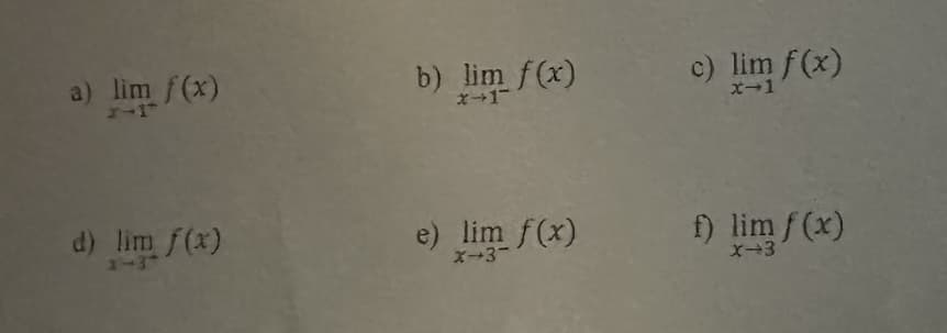 a) lim f(x)
2-1
d) lim f(x)
1-3
b) lim f(x)
*+1-
e) lim f(x)
X-3-
c) lim f(x)
x→1
f) lim f(x)
X-3