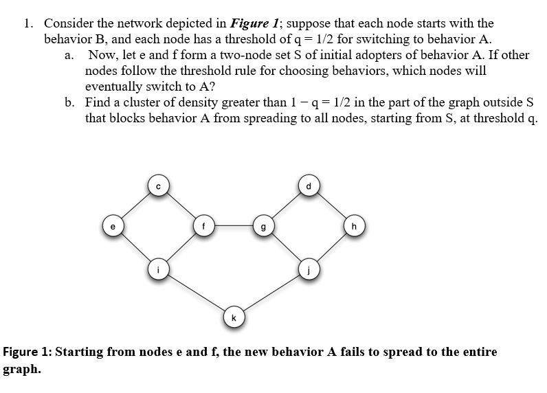 1. Consider the network depicted in Figure 1; suppose that each node starts with the
behavior B, and each node has a threshold of q = 1/2 for switching to behavior A.
a. Now, let e and f form a two-node set S of initial adopters of behavior A. If other
nodes follow the threshold rule for choosing behaviors, which nodes will
eventually switch to A?
b. Find a cluster of density greater than 1 – q = 1/2 in the part of the graph outside S
that blocks behavior A from spreading to all nodes, starting from S, at threshold q.
Figure 1: Starting from nodes e and f, the new behavior A fails to spread to the entire
graph.
